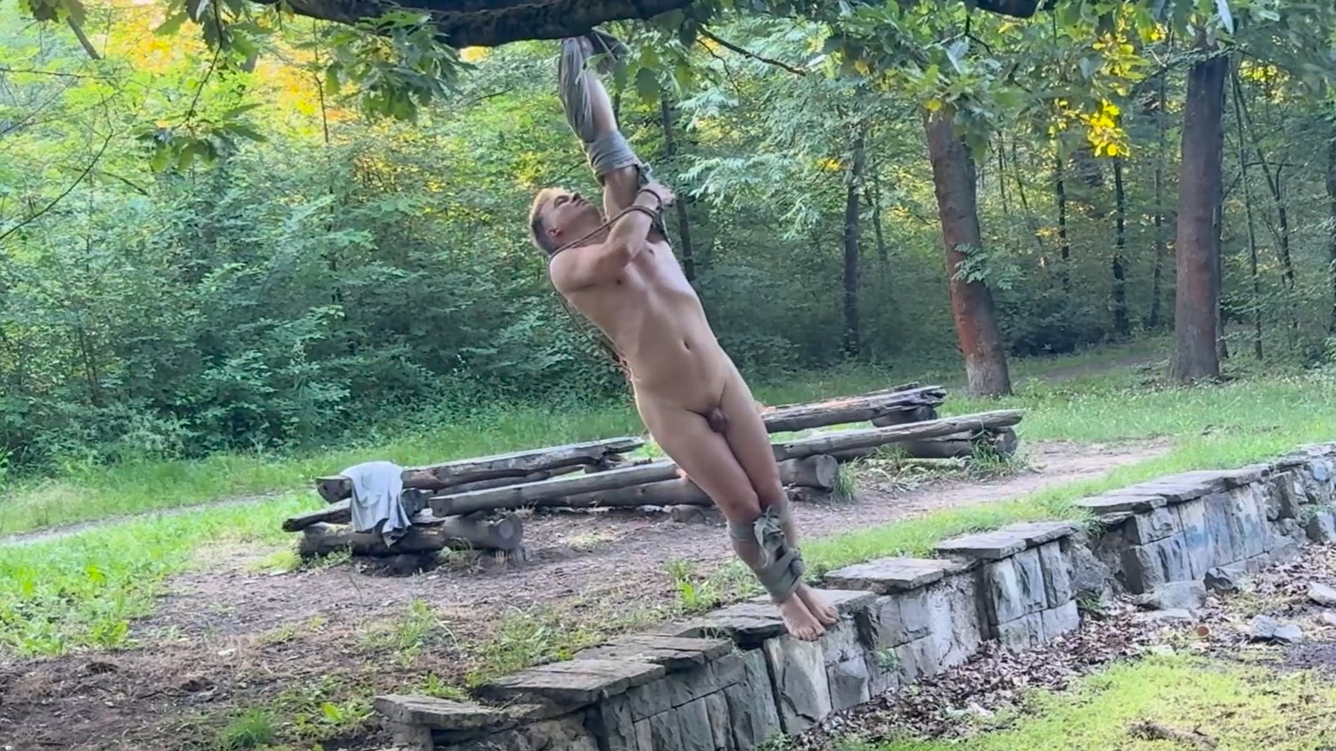 Self suspended naked whipped until orgasm