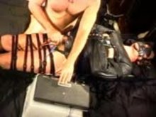 CBT Electro on leather bound muslce stud while I jack him off and he asks for more.