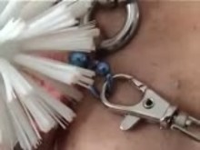 Pierced pussy taking toilet brush