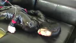 Gagged and restrained in catsuit