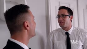 Tattooed sexy submissive dominated by two men