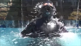 Latex and gas mask pool masturbation
