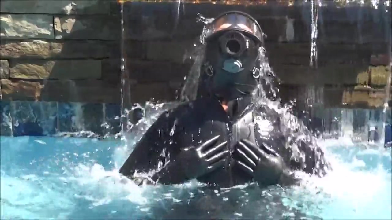 Latex and gas mask pool masturbation
