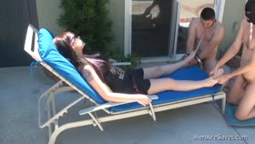 Two Kneeling And Naked Male Slaves Massage Domme Feet