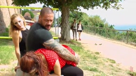 Busty Brunette Extremely Afraid of Electricity Gets Shocked Outdoors