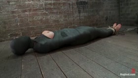 Cute little blond girl is mummified, vibrator stuck on her clit.  Hung upside down to cum & cum.